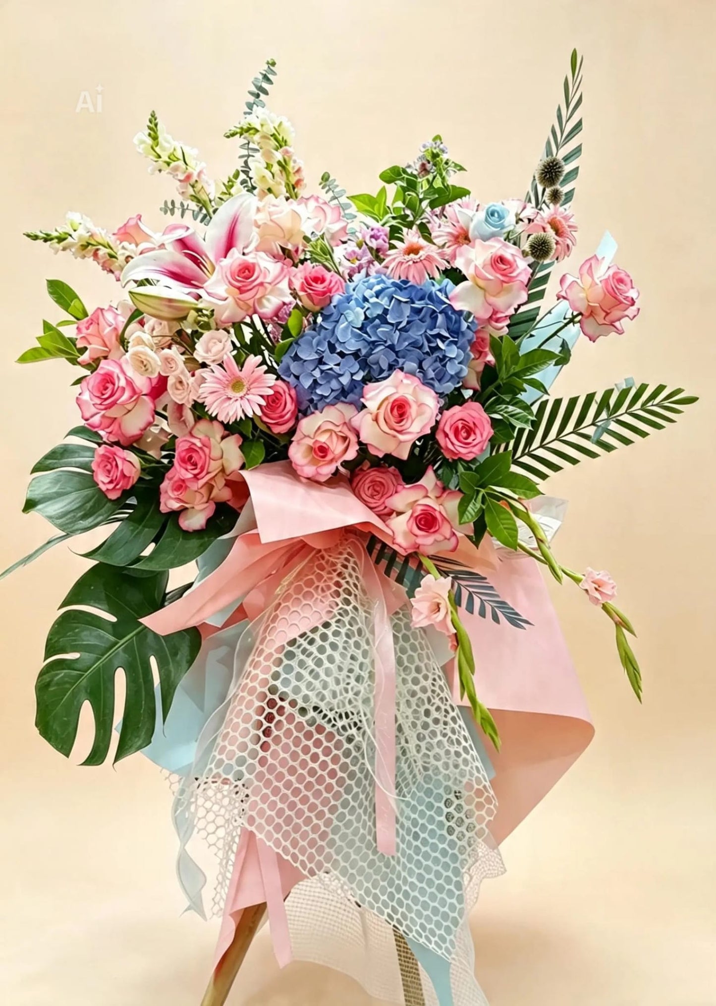 韓式高腳鮮花花籃 (粉紅/粉藍) Korean-Style High-Stand Fresh Flower Basket (Pink/ Power Blue)