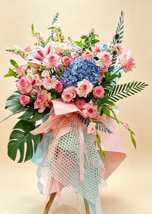 韓式高腳鮮花花籃 (粉紅/粉藍) Korean-Style High-Stand Fresh Flower Basket (Pink/ Power Blue)