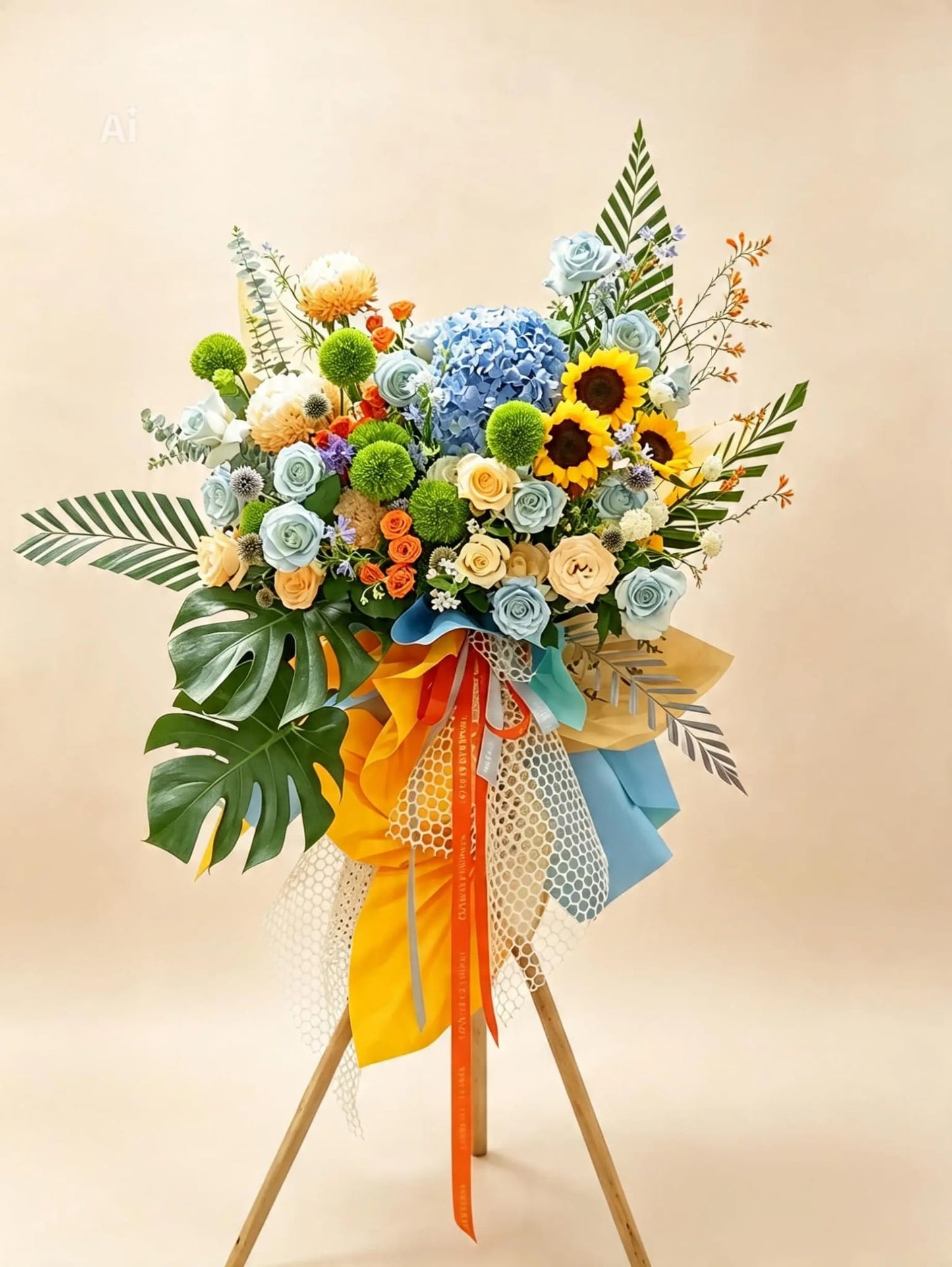 韓式高腳鮮花花籃 (粉藍/ 黃色) Korean-Style High-Stand Fresh Flower Basket (Power Blue/ Yellow)