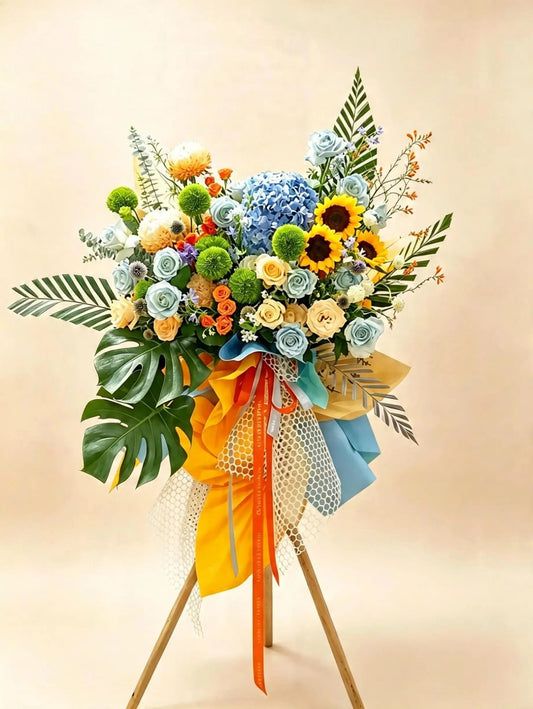 韓式高腳鮮花花籃 (粉藍/ 黃色) Korean-Style High-Stand Fresh Flower Basket (Power Blue/ Yellow)